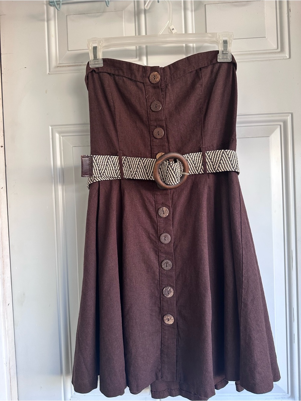 Strapless Brown Linen Button-Front Dress with Woven Belt